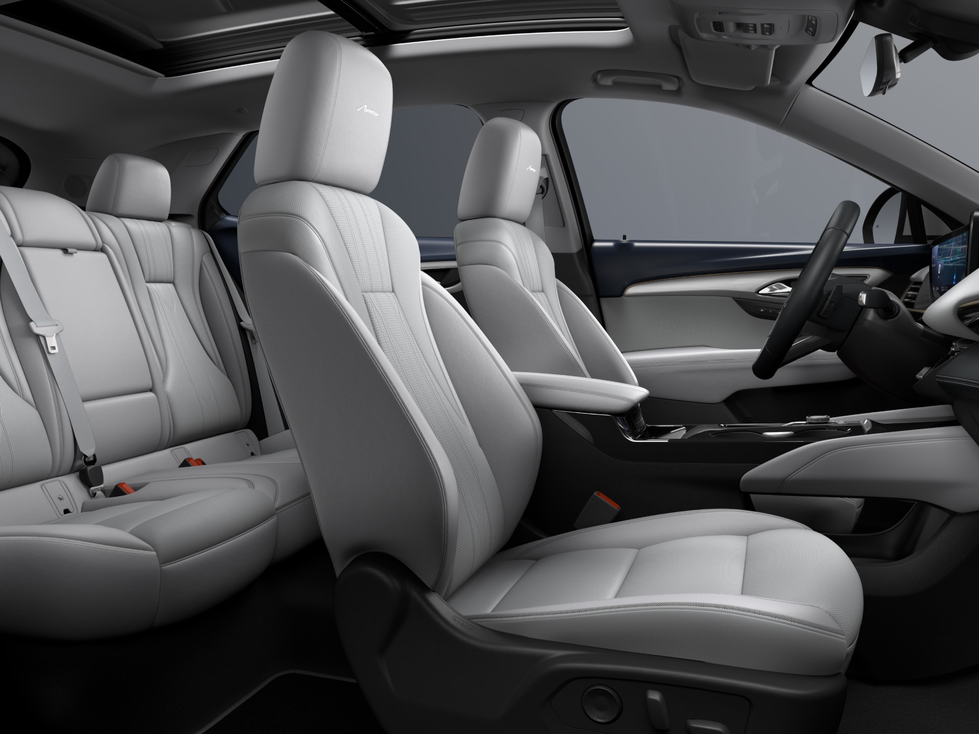 The Light Gray Interior of a Buick Enclave Showing the Front Passenger Seat and Part of the Driver's Seat With a Panoramic Sunroof Visible