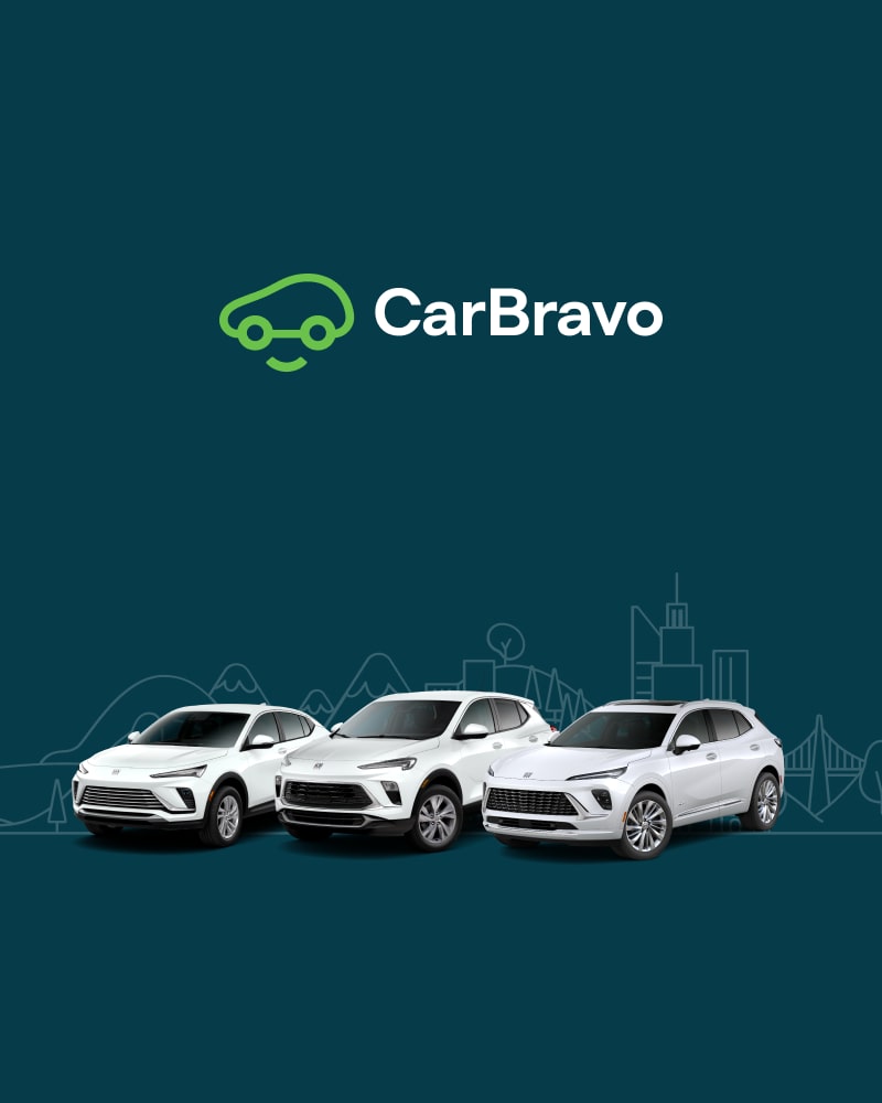 CarBravo Logo with Three White Buick SUVs Parked in a Row