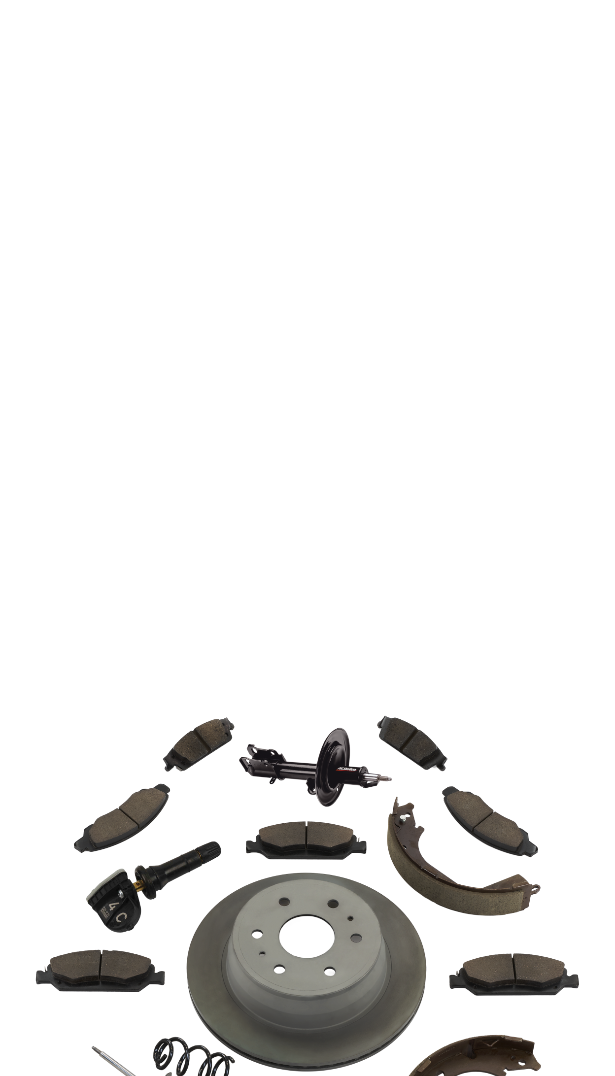 Brake Parts and Accessories Laid Out Against a White Background