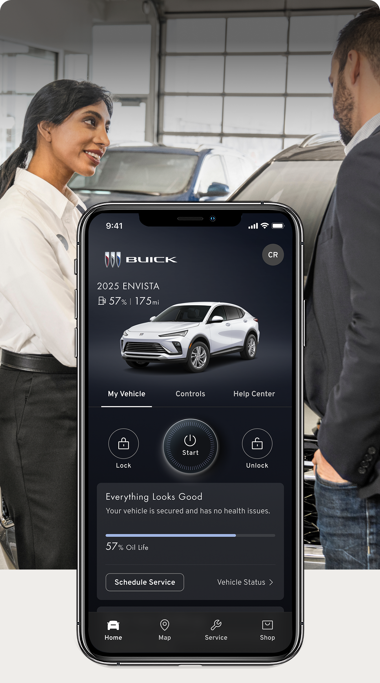 A Smartphone Displaying the My Certified Service App in front of an Image of a Female Service Technician Speaking with a Man in a Suit