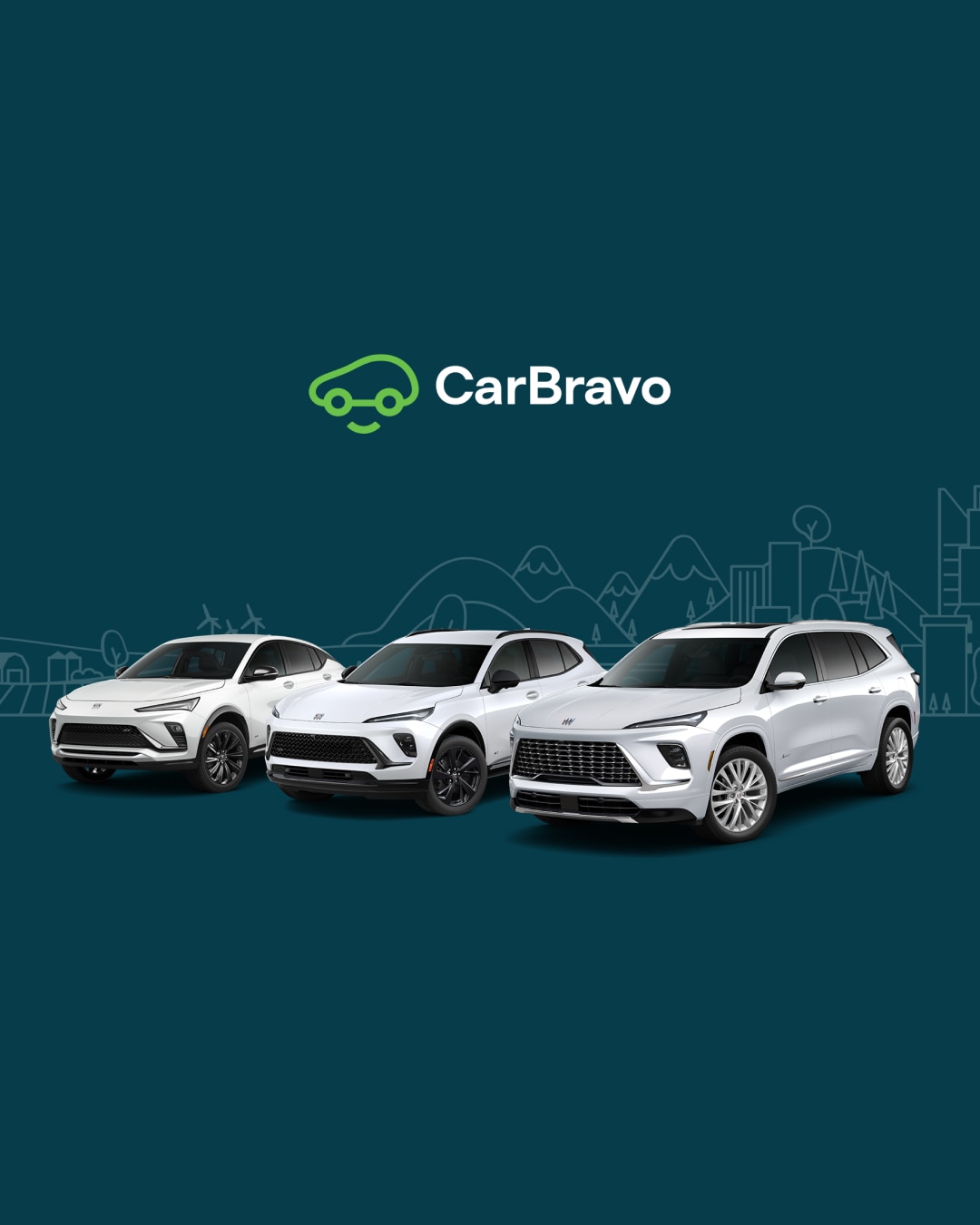 CarBravo Logo with Three White Buick SUVs Parked in a Row