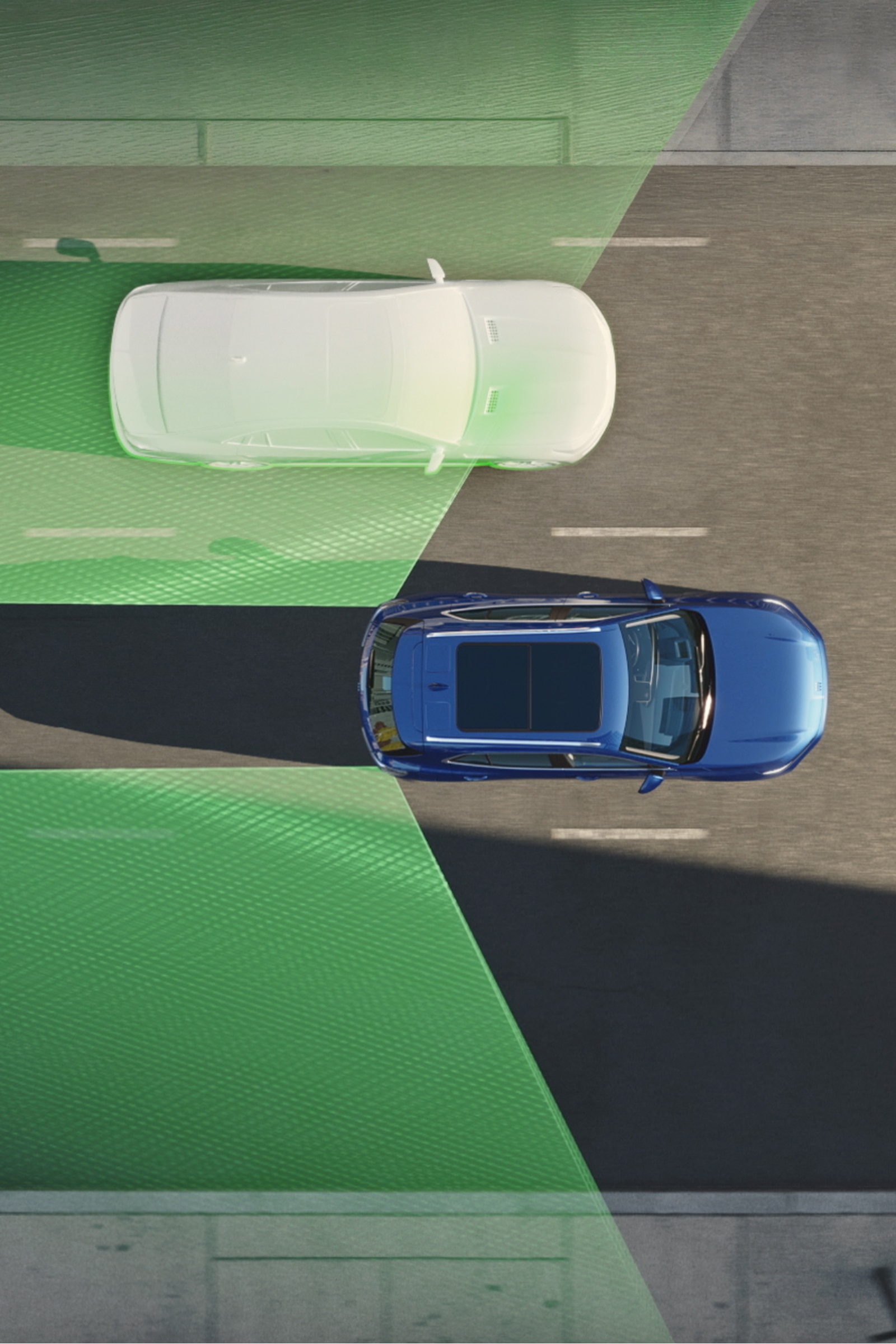 An Overhead View of a Blue Buick SUV Driving on a Road with an Illuminated Green Safety Zone Highlighted