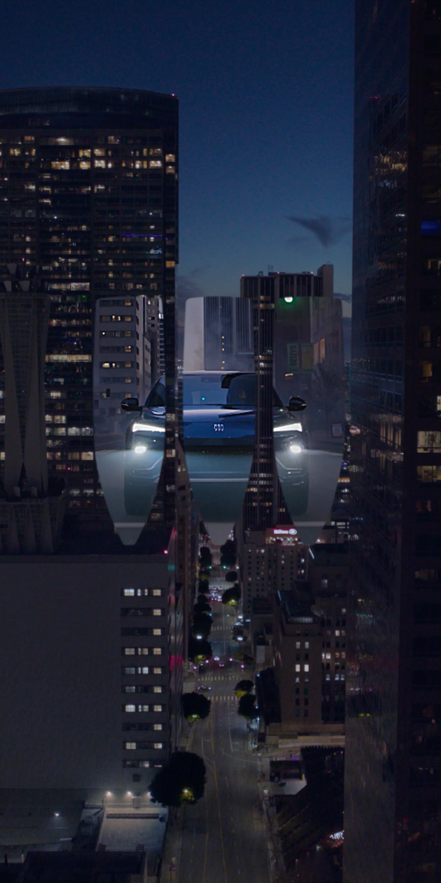Buick Logo, Composed of Three Shields, Floating Above a City at Night