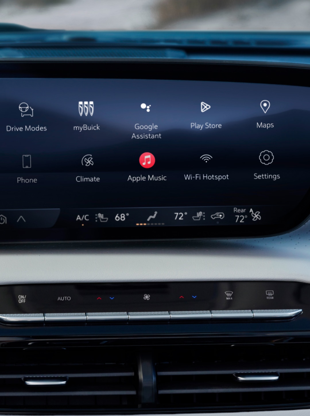 A Buick Infotainment Screen Displaying Key Apps Such as MyBuick, Google Assistant, and Apple Music with Current Time 10:20