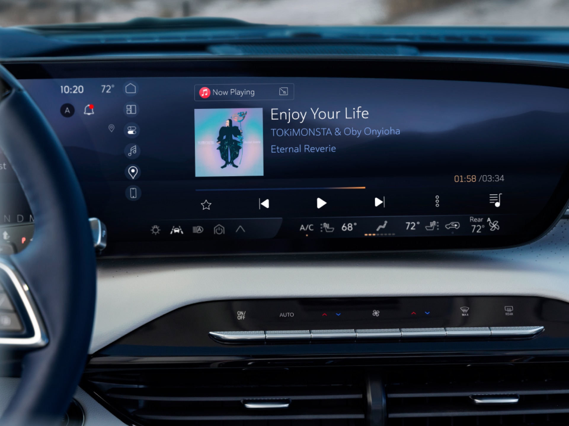 A Buick Infotainment Screen Displaying the "Enjoy Your Life" Song with Album Art and Current Time 10:20