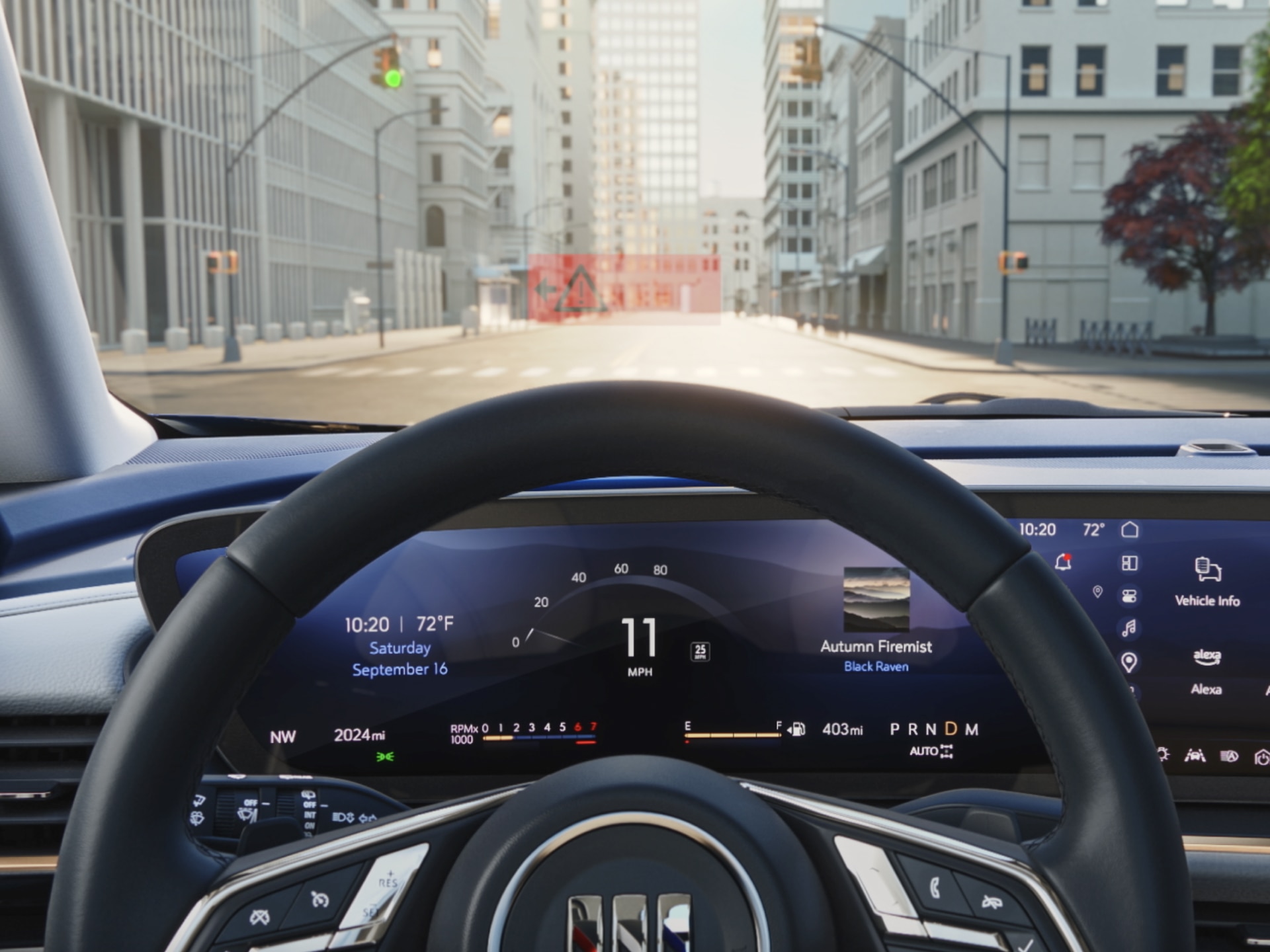 A Driver's Perspective from Inside a Buick Car Showing a Digital Dashboard Displaying Speed and Infotainment Details with a City Street Visible Through the Windshield