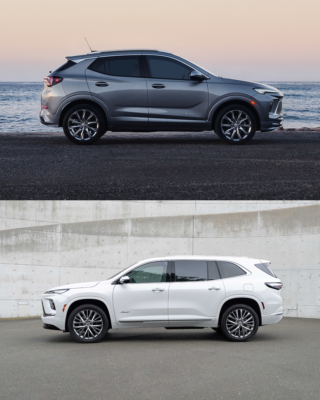 A Split Image Showing a Gray Buick Encore GX by the Ocean and a White Buick Enclave Avenir Next to a Concrete Wall. 