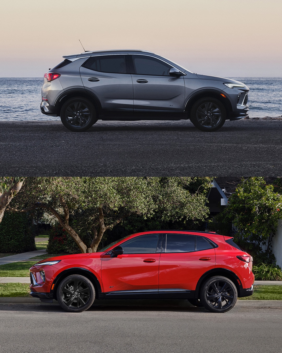 A split image showing a gray Buick Encore GX next to the ocean, and a red Buick Envision on a suburban street.