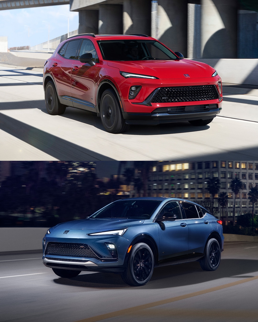A Split Image of a Red Buick Encore GX in Daylight and a Blue Buick Envista at Night