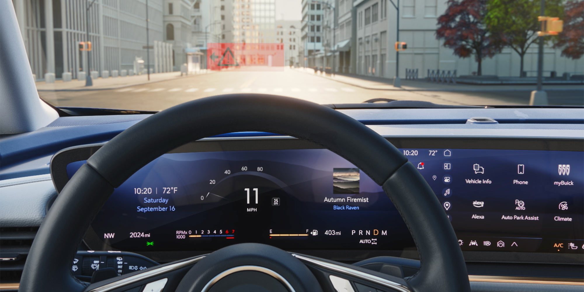 A Driver's Perspective from Inside a Buick Car Showing a Digital Dashboard Displaying Speed and Infotainment Details with a City Street Visible through the Windshield