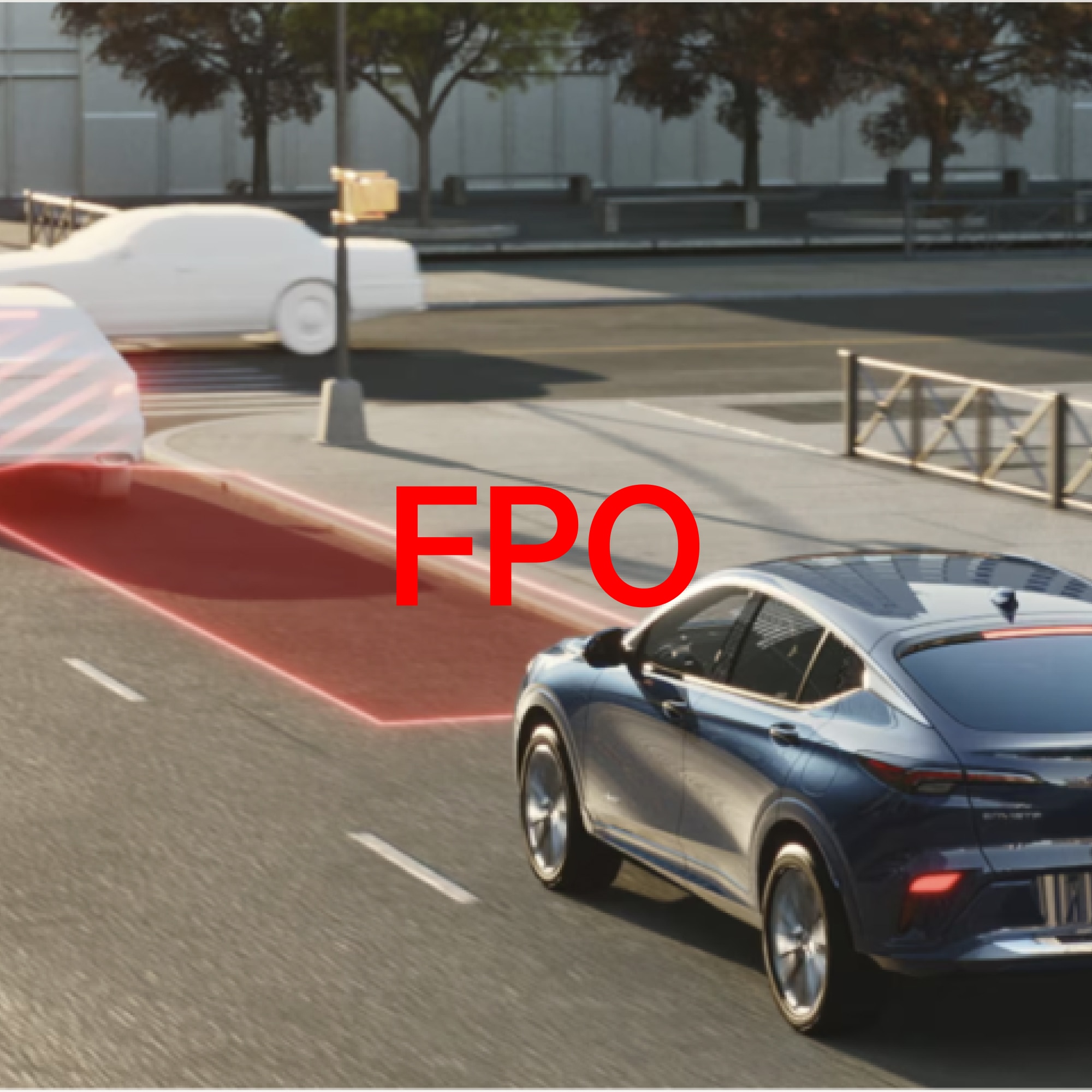 A Dark Blue Buick Crossover Vehicle Demonstrating a Collision Warning System with a Red Laser Projection to a Ghost Car in a City Setting