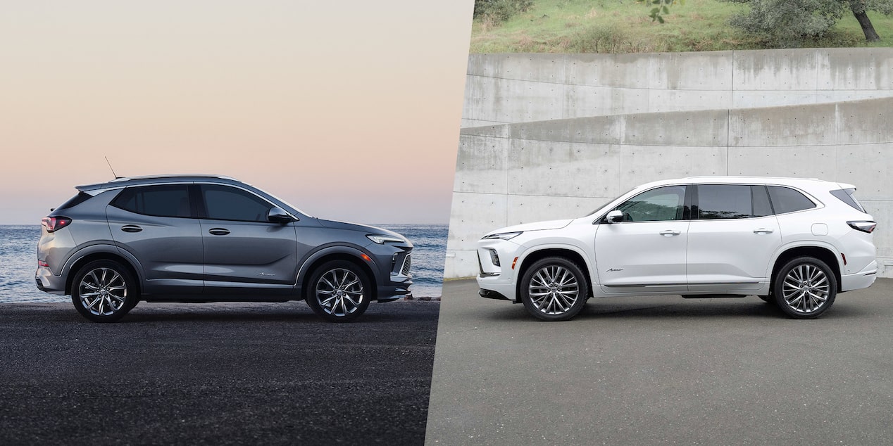 A Split Image Showing a Gray Buick Encore GX by the Ocean and a White Buick Enclave Avenir Next to a Concrete Wall