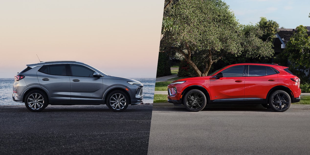 A Split Image Showing a Gray Buick Encore GX Next to the Ocean and a Red Buick Envision on a Suburban Street