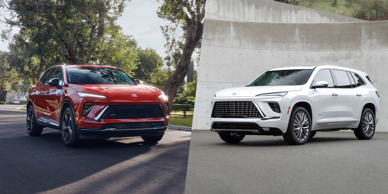 Two Buick SUVs Displayed Side-by-Side a Red SUV Driving on a Tree-Lined Road and a White SUV Parked Next to a Concrete Wall