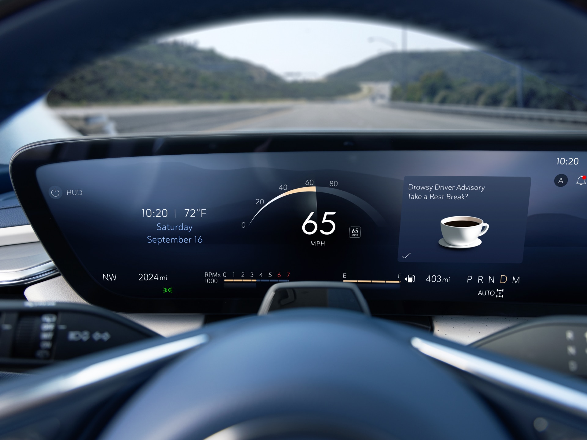 View of the vehicle dashboard showing Diver Attention Alert