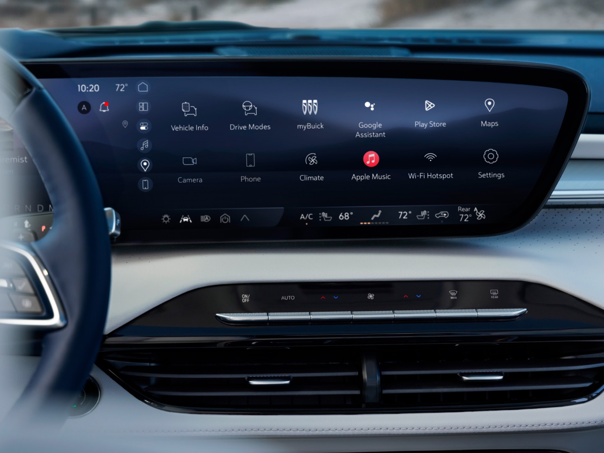 A Buick Infotainment Screen Displaying Key Apps Such as MyBuick, Google Assistant, and Apple Music with Current Time 10:20