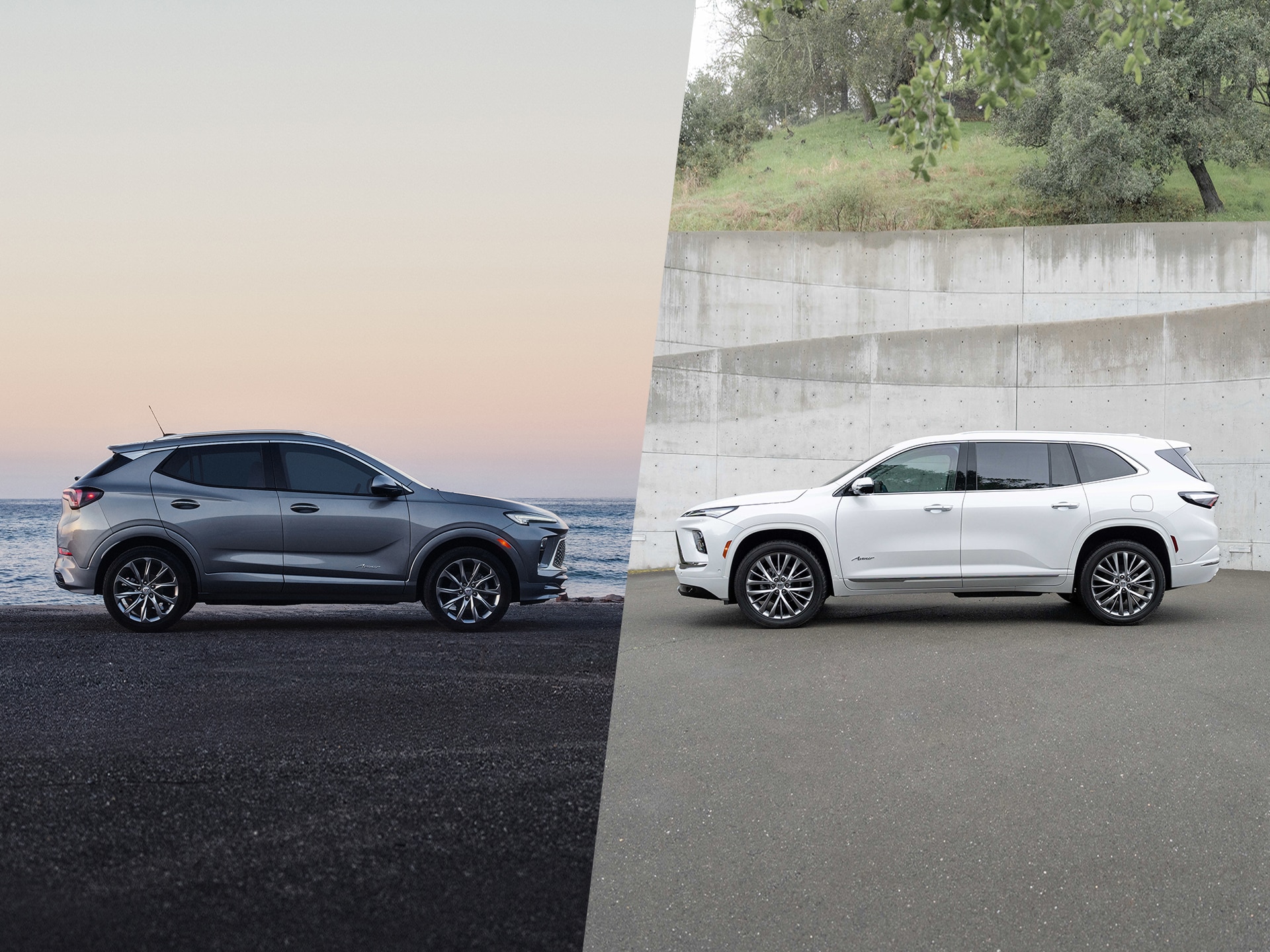 A Split Image Showing a Gray Buick Encore GX by the Ocean and a White Buick Enclave Avenir Next to a Concrete Wall