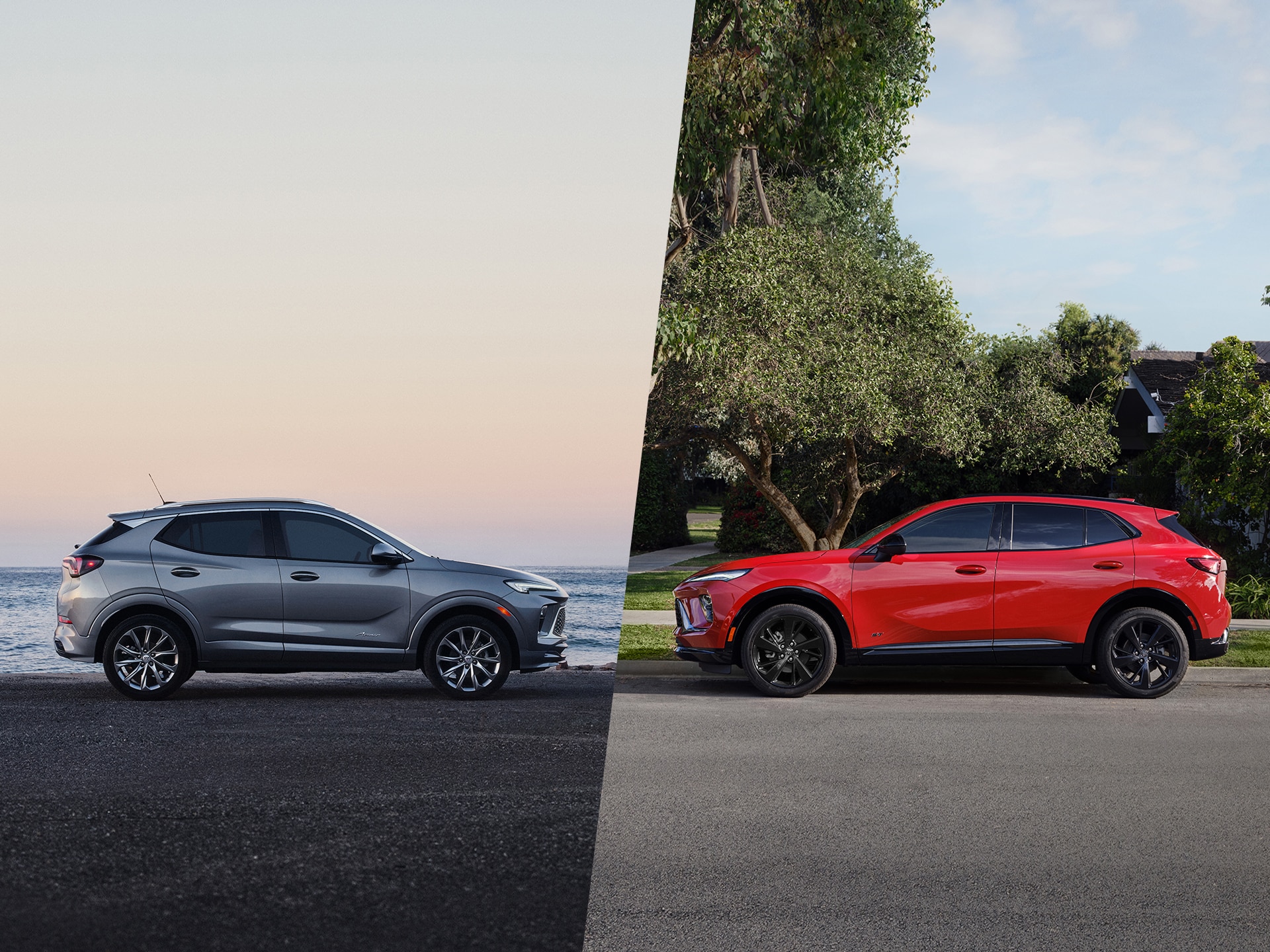 A Split Image Showing a Gray Buick Encore GX Next to the Ocean and a Red Buick Envision on a Suburban Street