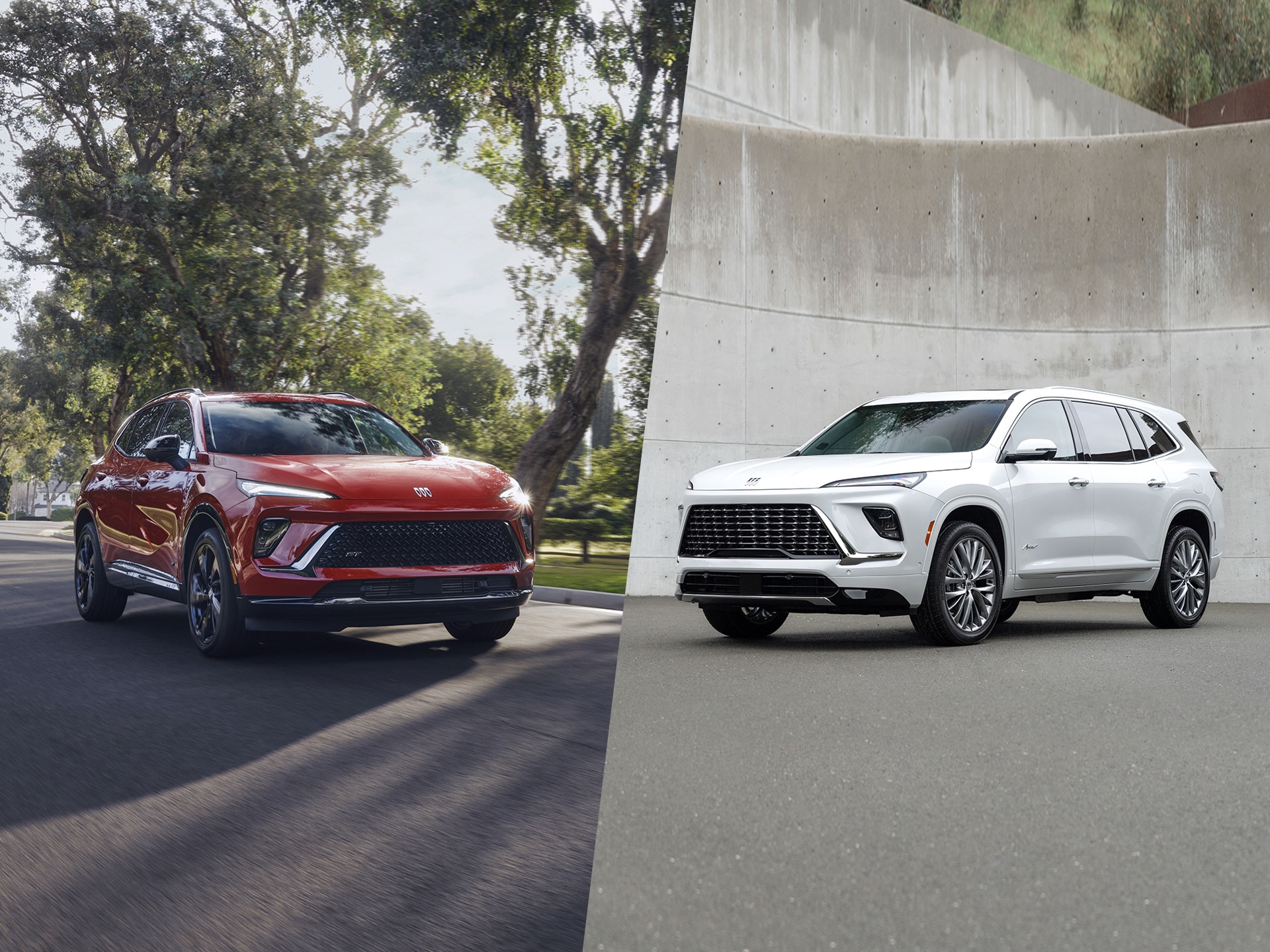 Two Buick SUVs Displayed Side-by-Side a Red SUV Driving on a Tree-Lined Road and a White SUV Parked Next to a Concrete Wall