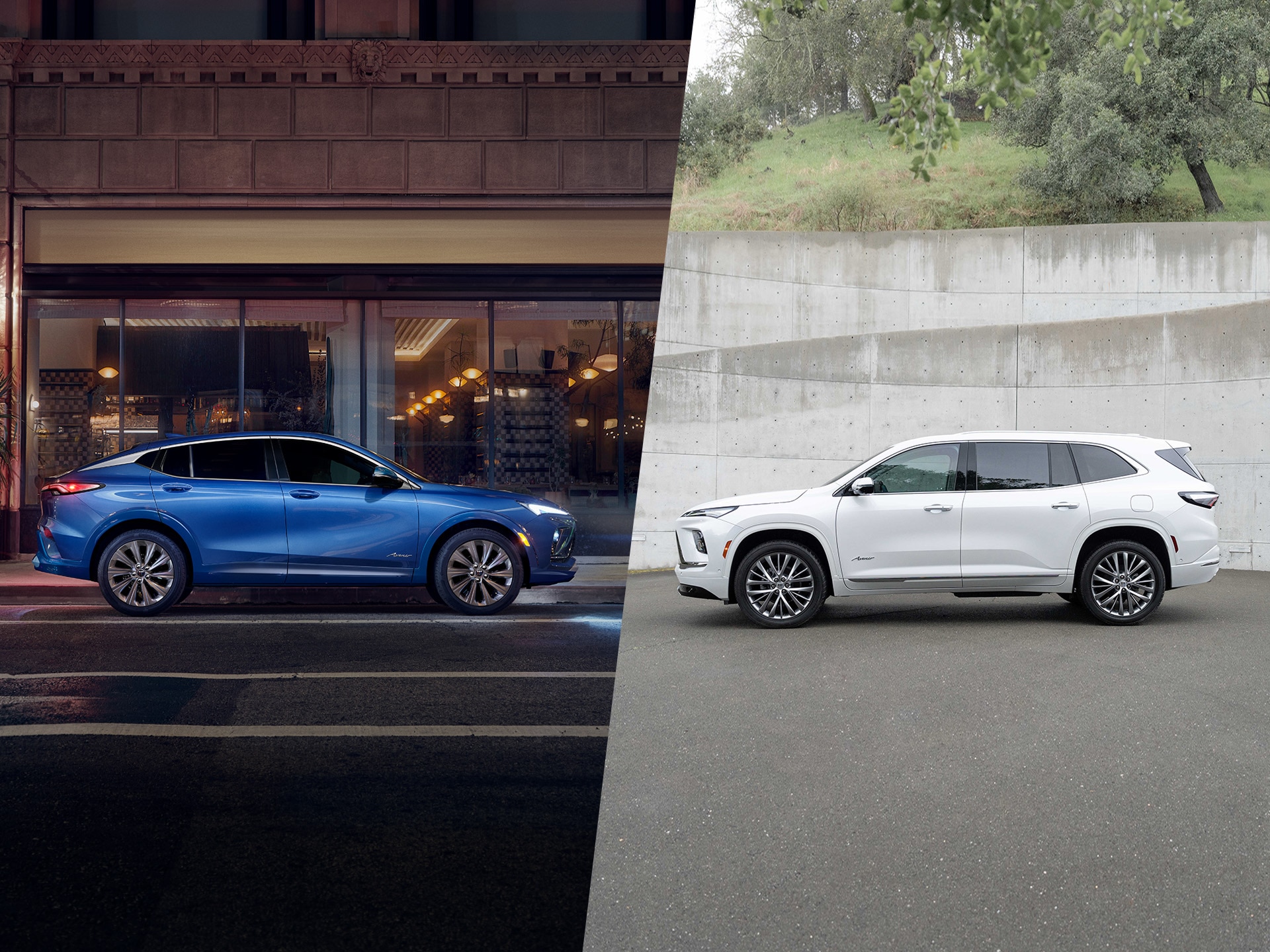 A Blue Buick SUV Parked by a City Street at Night Alongside a White Buick SUV Next to a Concrete Wall