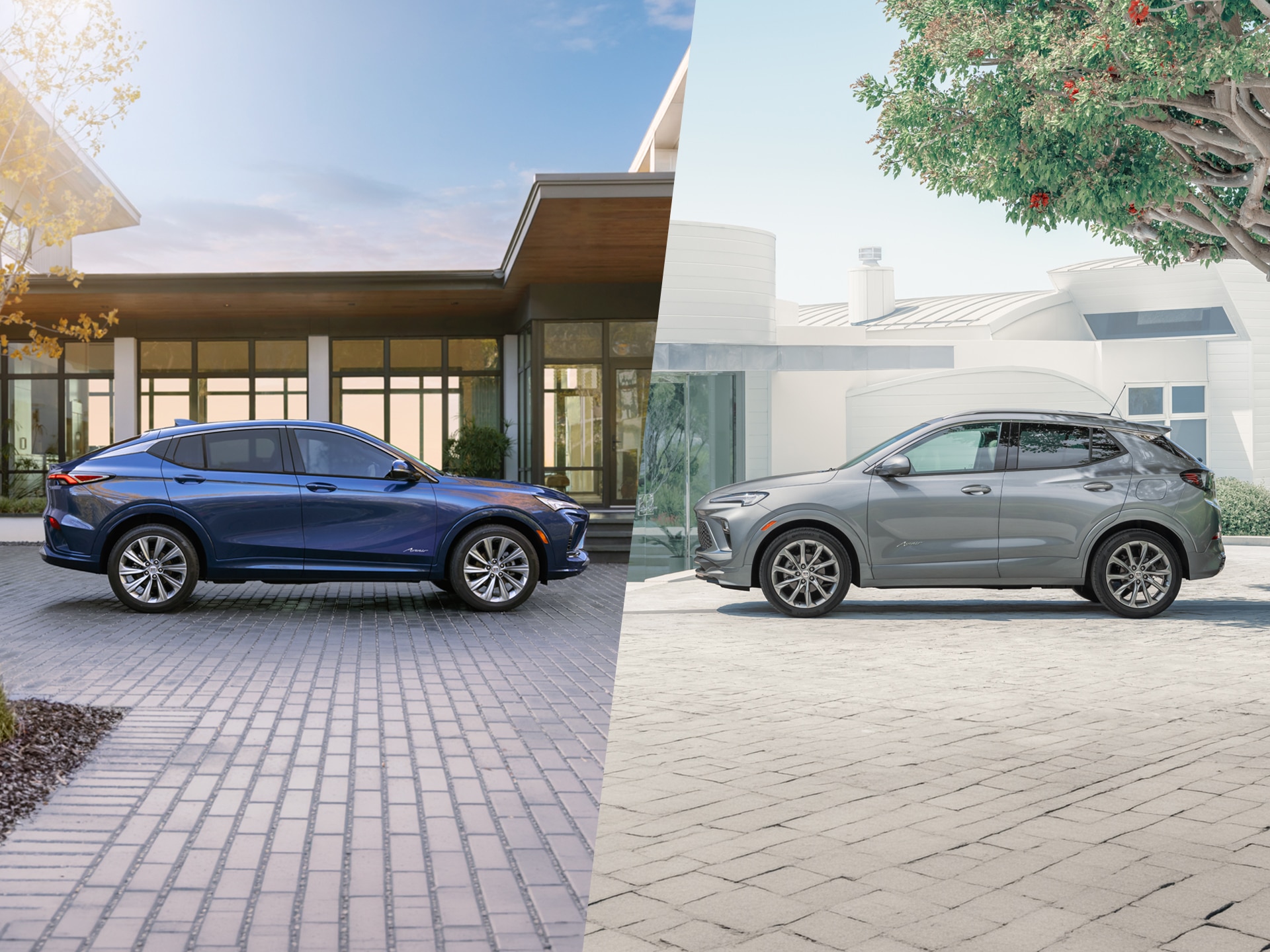 A Side-By-Side Comparison of a Blue Buick Envista and a Gray Buick Encore GX Both Displaying Their Side Profiles