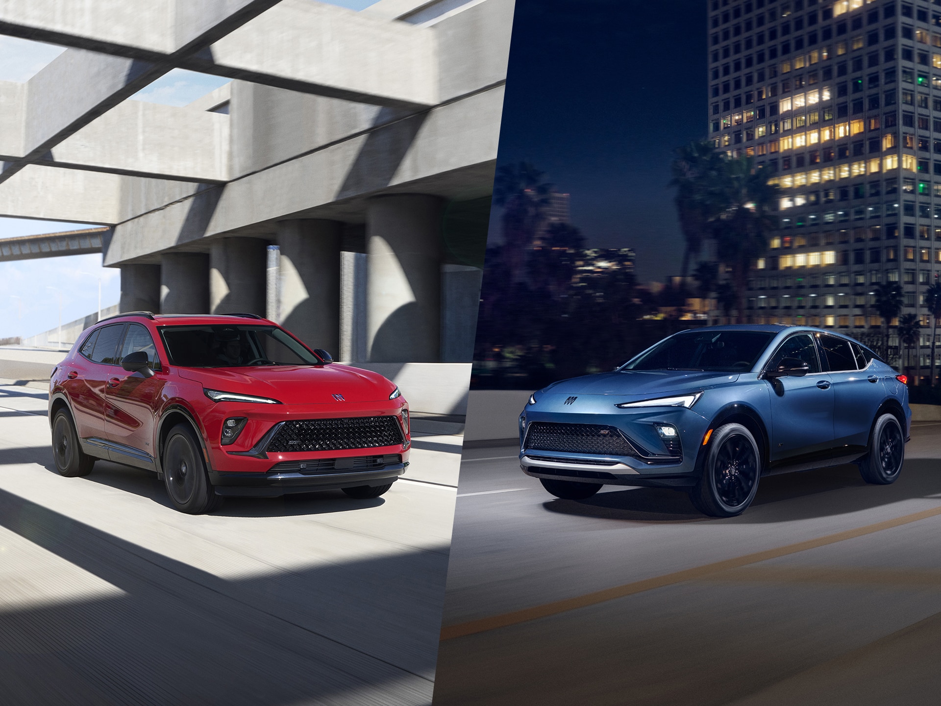 A Red Buick Envision Driving on a Highway Beside a Blue Buick Envista Driving at Night