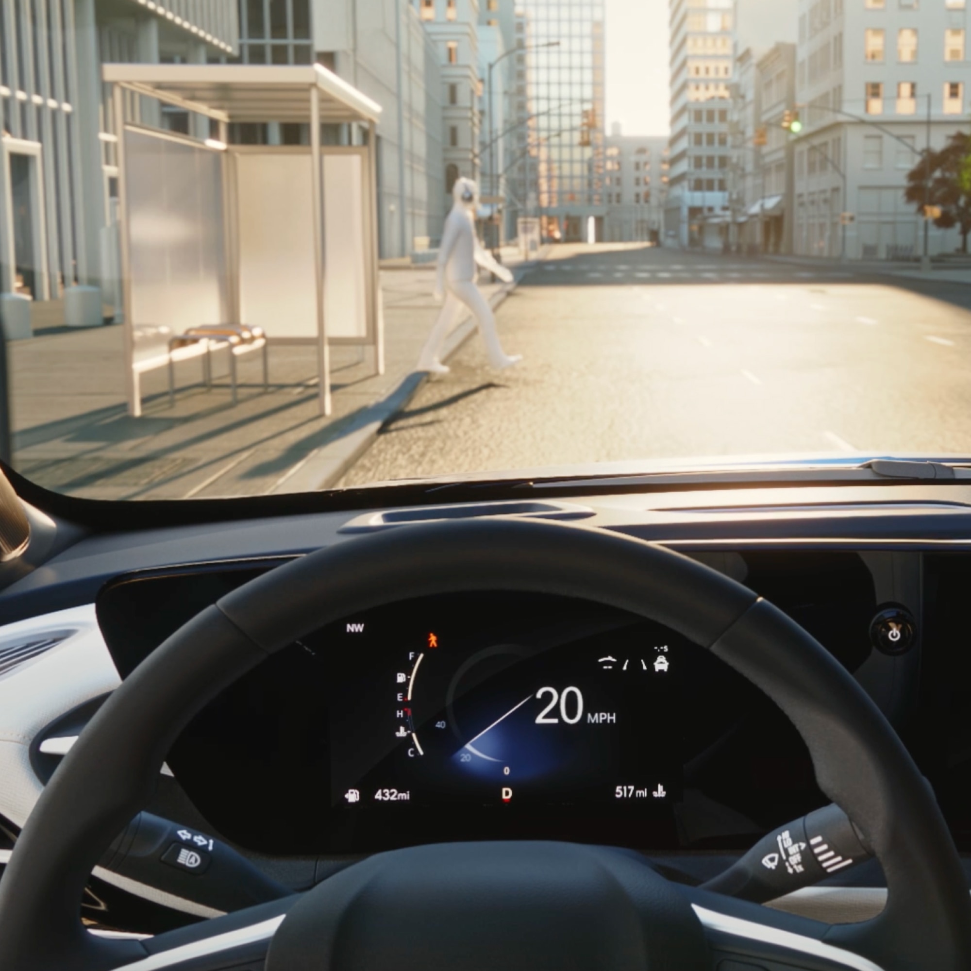 Steering Wheel View of Buick Utilizing Front Pedestrian Braking Feature While Pedestrian Walks in Front of Vehicle