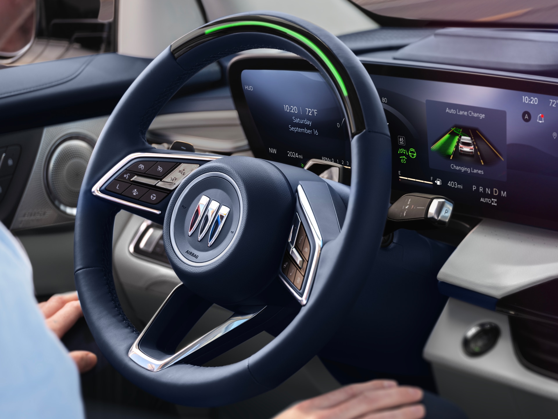 View of the Steering Wheel Displaying the Hands-Free Driving Assistance Technology Super Cruise