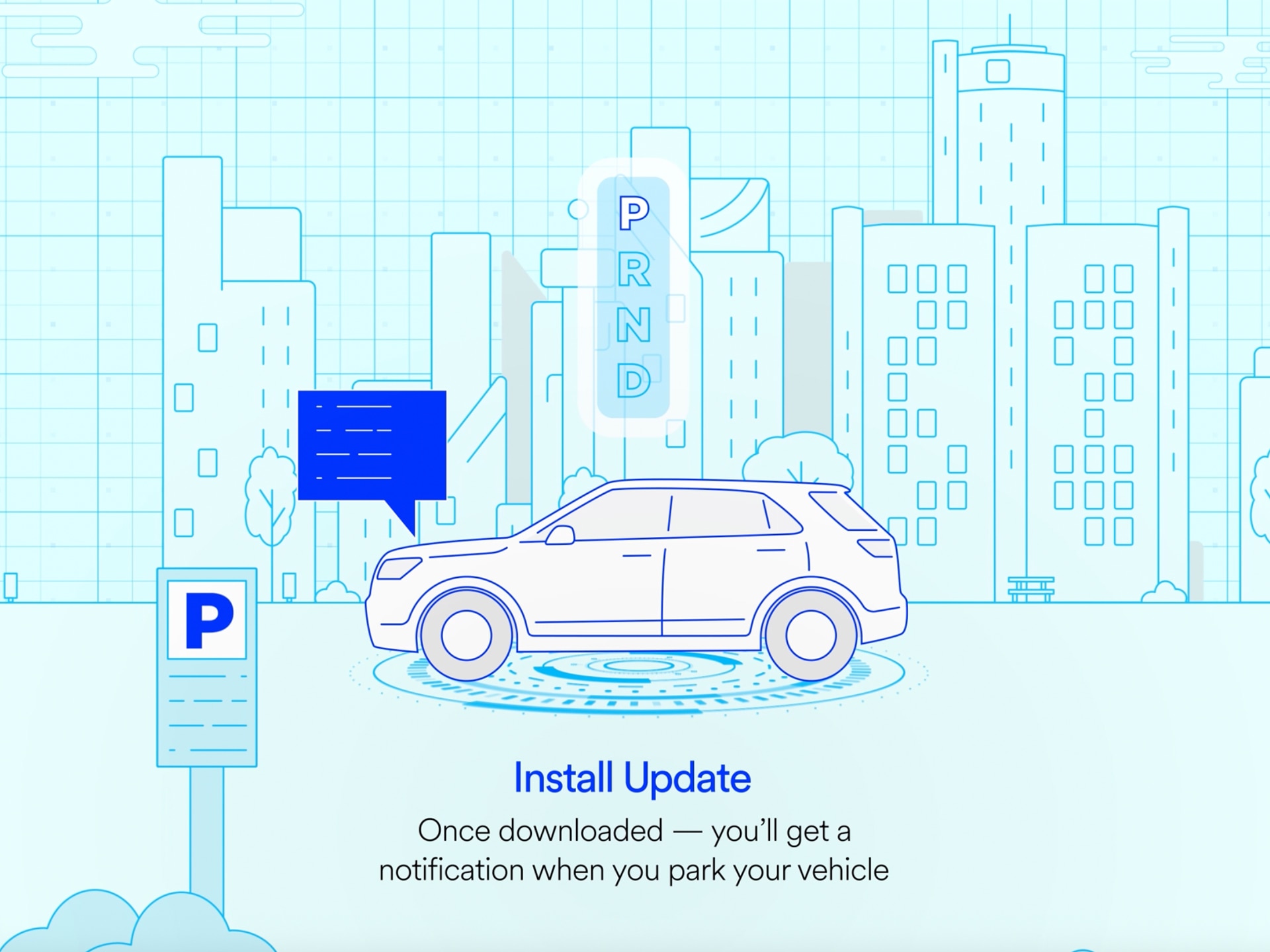 An Animated Line Drawing of a White SUV Parked in a City Scene with a Digital Parking Assist System Displaying 'P R N D' and a 'P' for Parking