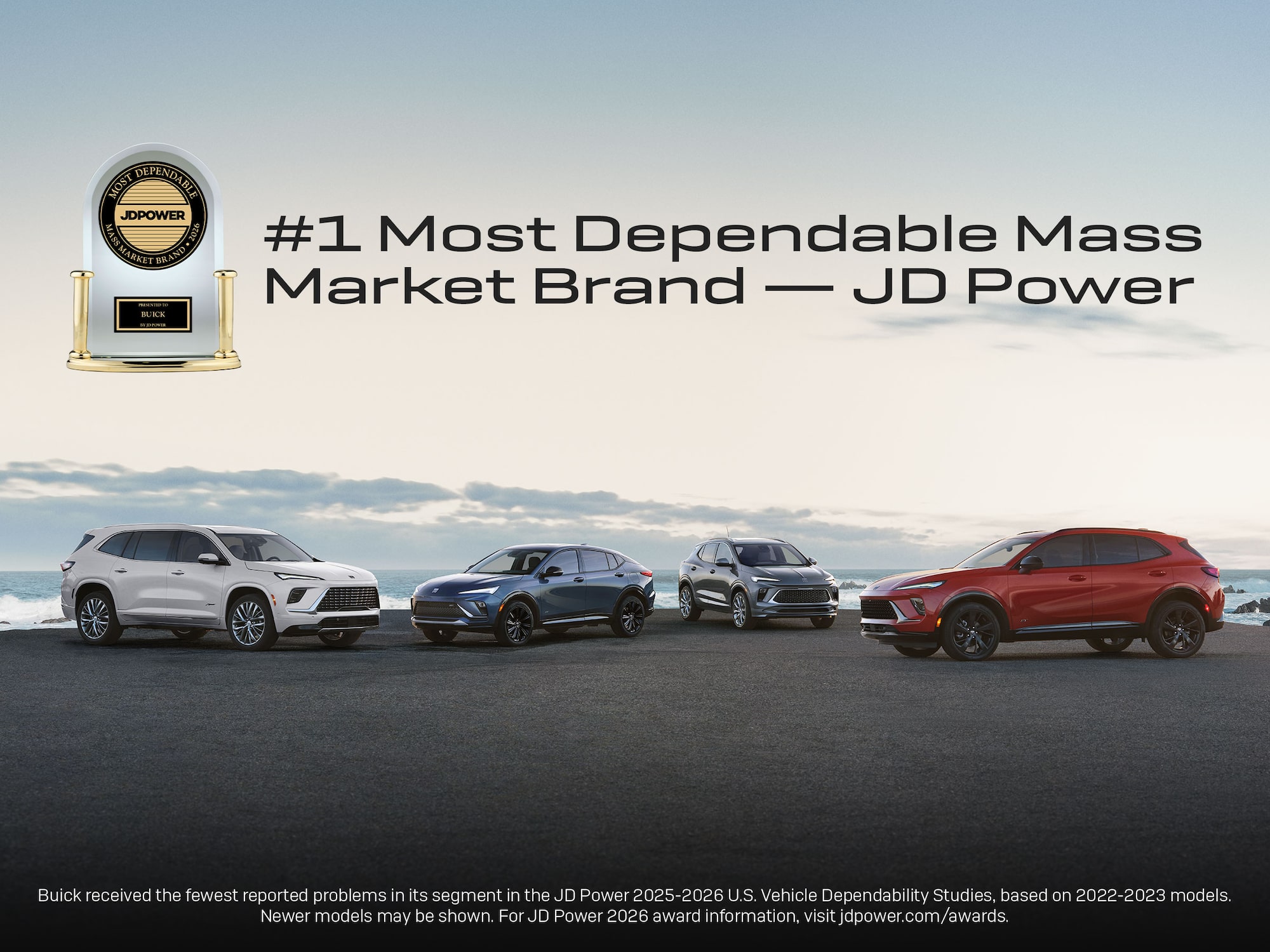 Four Buick Vehicles, a White Envista, a Dark Blue Envista, a Gray Envision, and a Red Encore GX, Parked along a Waterfront with Two JD Power Awards for Buick with text overlay:  "#1 for Sales Satisfaction and Dependability among Mass Market Brands"