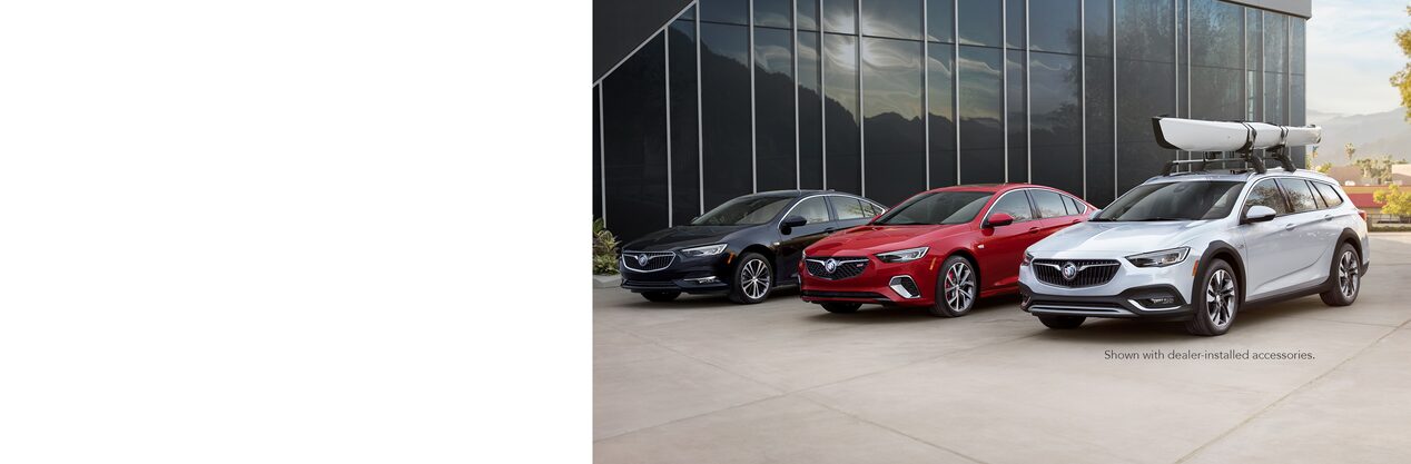 Masthead image showing the lineup of three new 2018 Buick Regal models including the Sportback, GS, and TourX luxury vehicles.