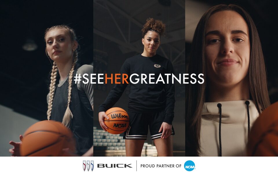 A Closeup on Three Women Athletes with Text Overlay saying "#SeeHerGreatness"