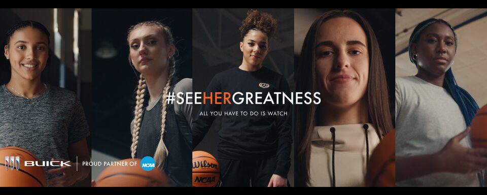 A Shot of multiple Women Athletes Side By Side with a Text Overlay saying "#SeeHerGreatness"