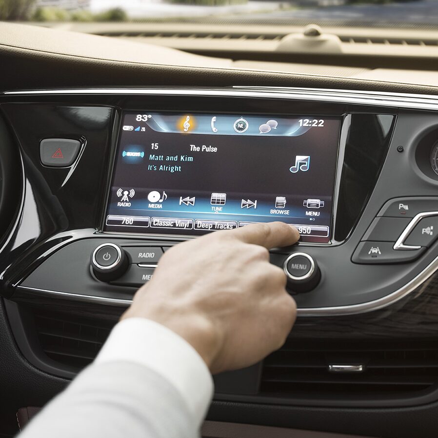 Closeup image of the color touch display in a Buick vehicle using the SiriusXM features.