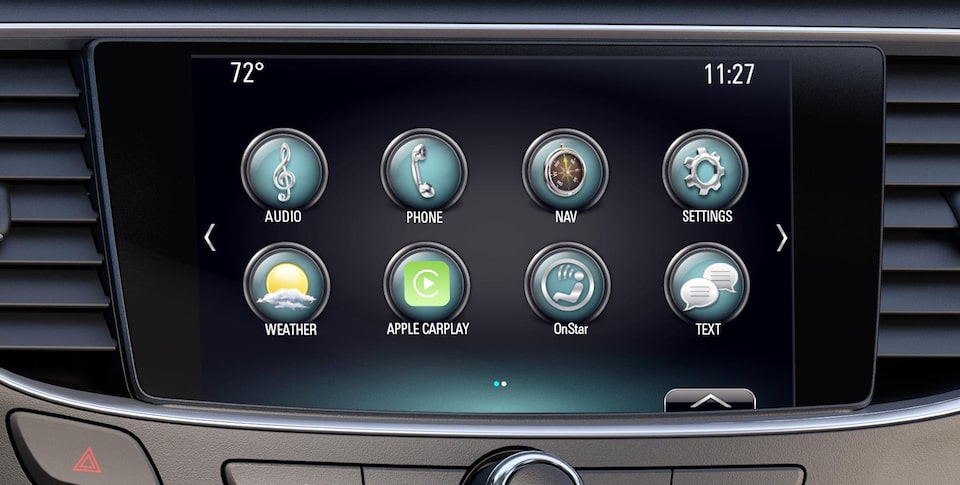 Closeup image of the color touch display in a Buick vehicle using the plug and play features.