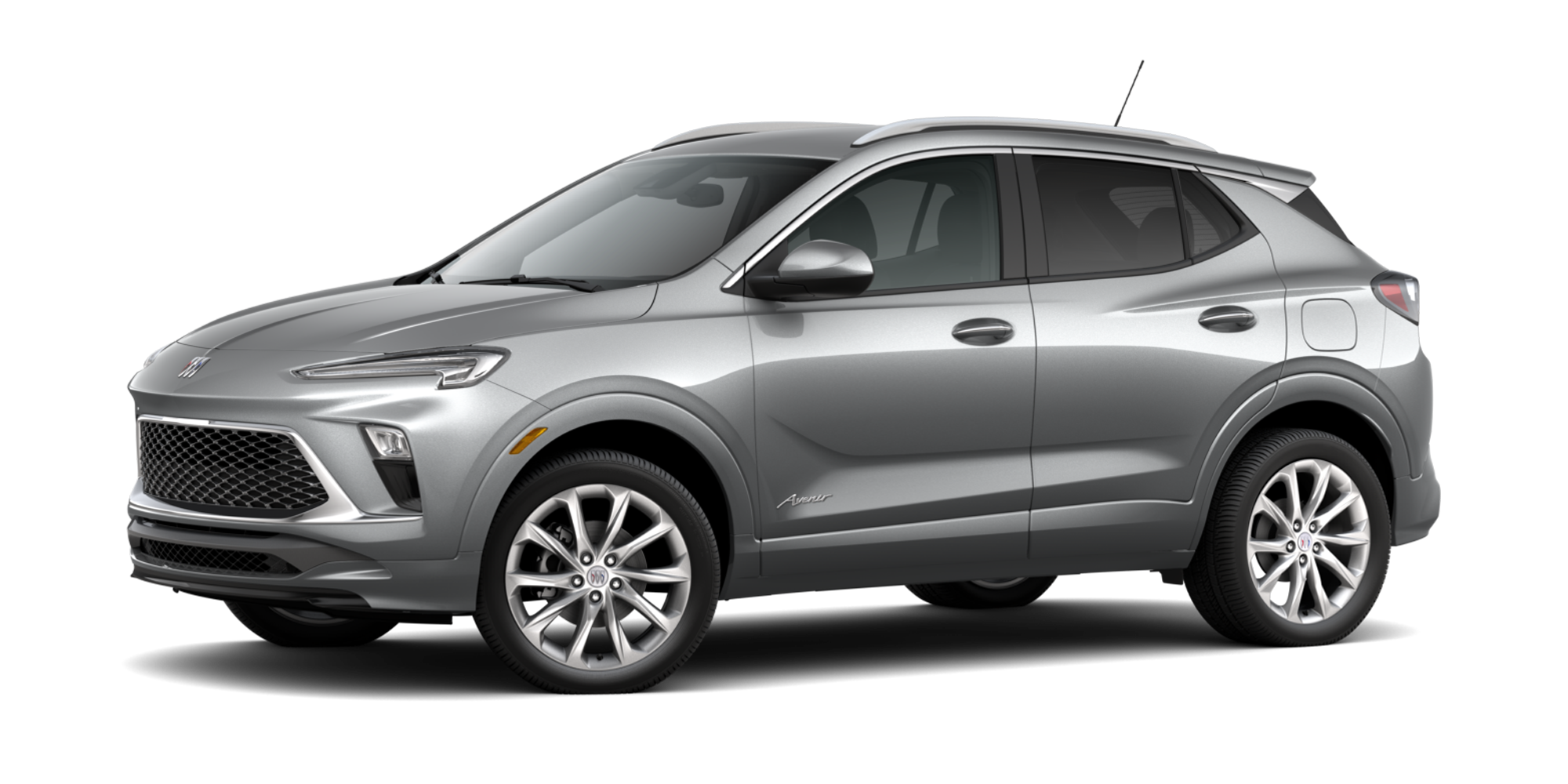 A Silver 2025 Buick Encore GX Avenir SUV on a White Background