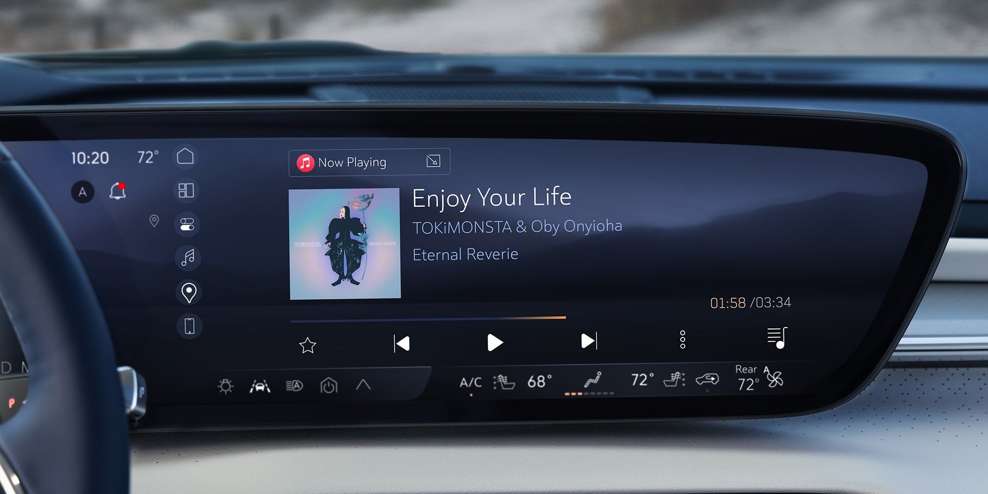 A Buick Infotainment Screen Displaying the "Enjoy Your Life" Song with Album Art and Current Time 10:20 
