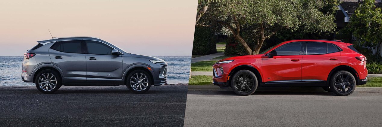 A Split Image Showing a Gray Buick Encore GX Next to the Ocean and a Red Buick Envision on a Suburban Street