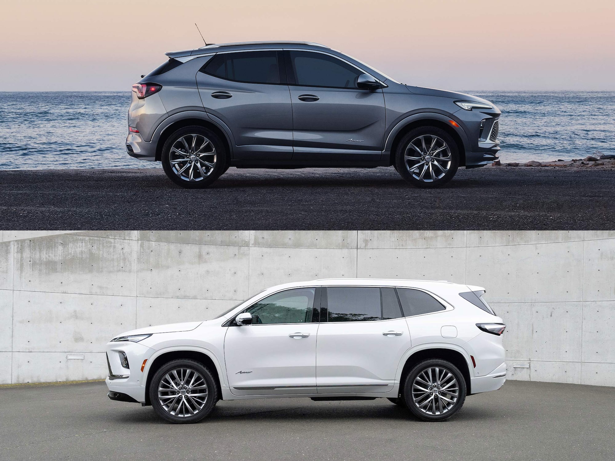 A Split Image Showing a Gray Buick Encore GX by the Ocean and a White Buick Enclave Avenir Next to a Concrete Wall