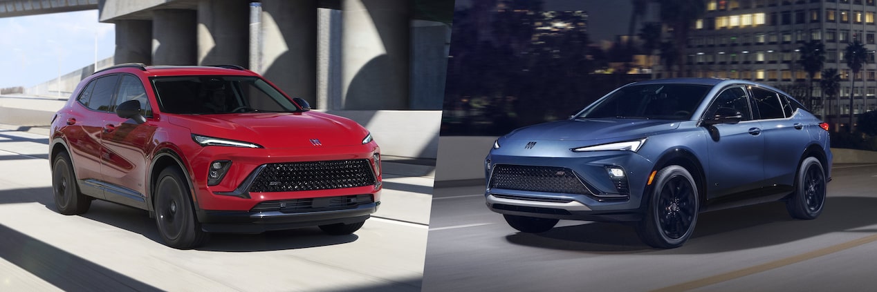 A Red Buick Envision Driving on a Highway Beside a Blue Buick Envista Driving at Night