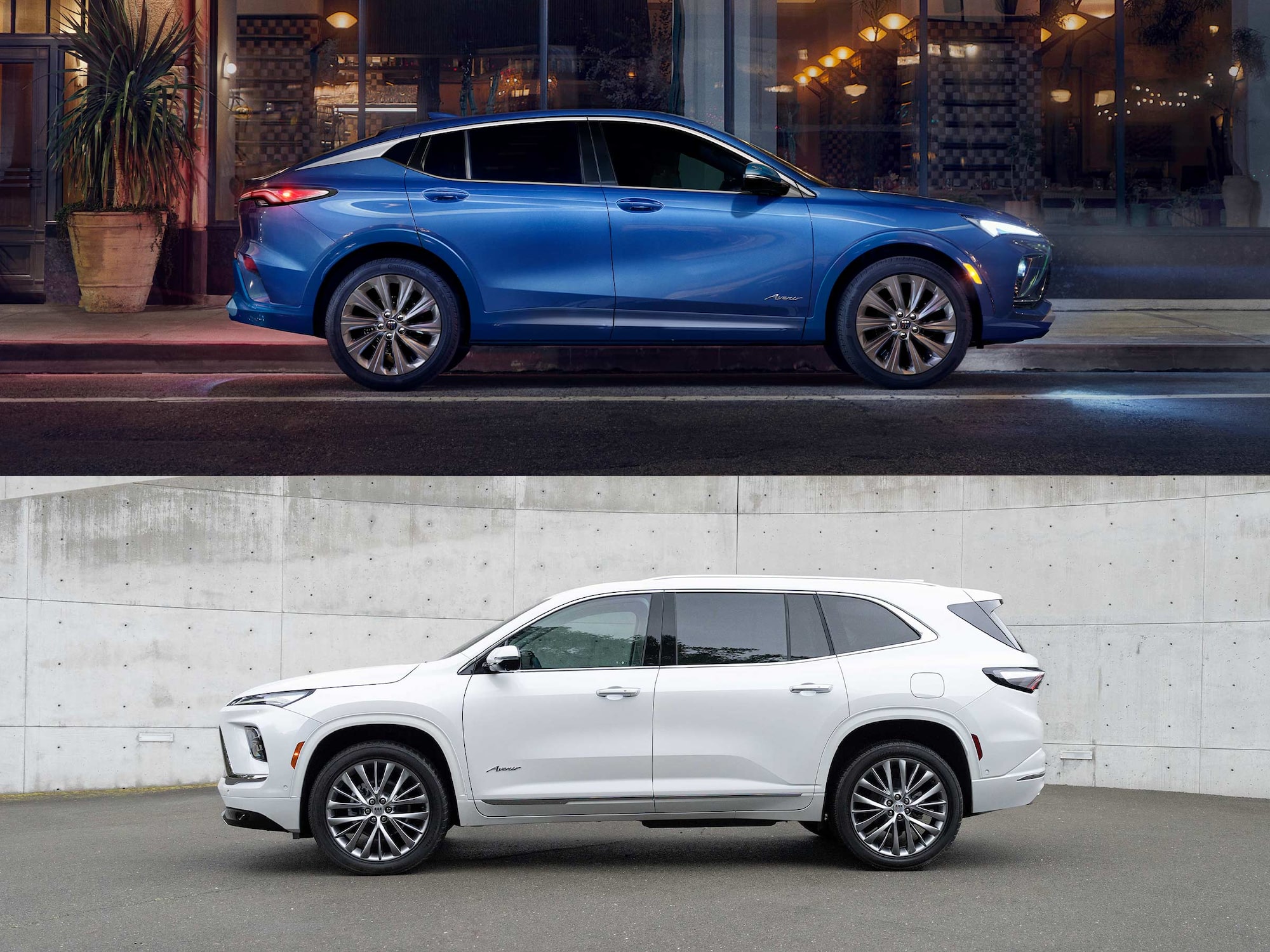 A Blue Buick SUV Parked by a City Street at Night Alongside a White Buick SUV Next to a Concrete Wall