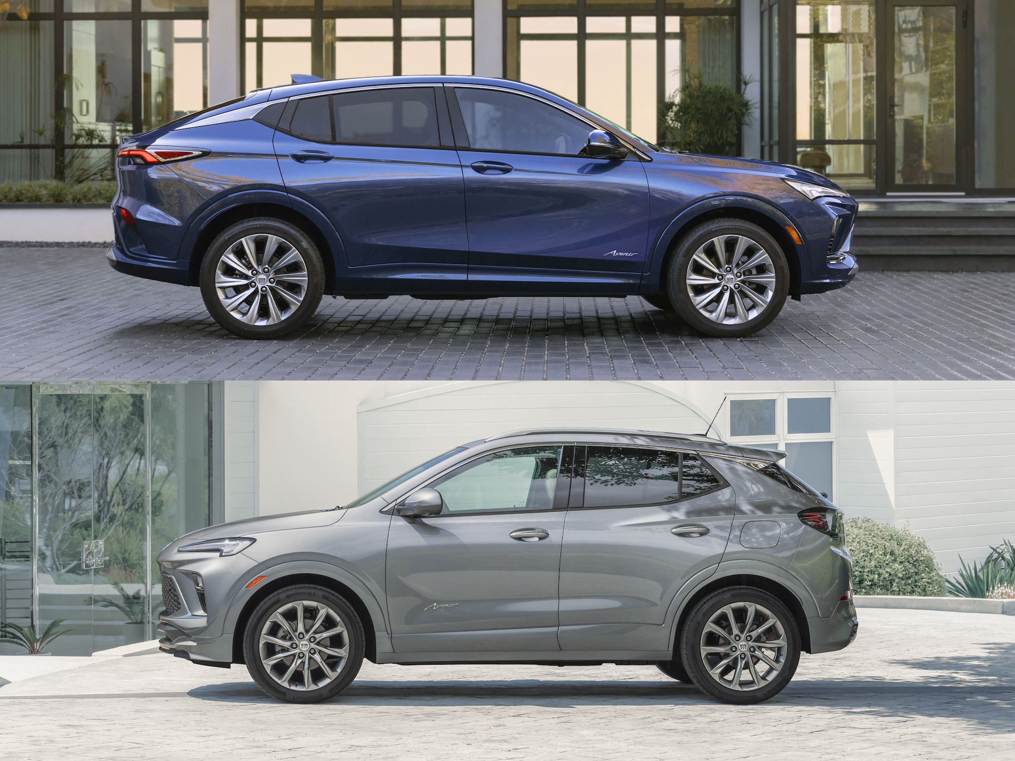 A Side-By-Side Comparison of a Blue Buick Envista and a Gray Buick Encore GX Both Displaying Their Side Profiles