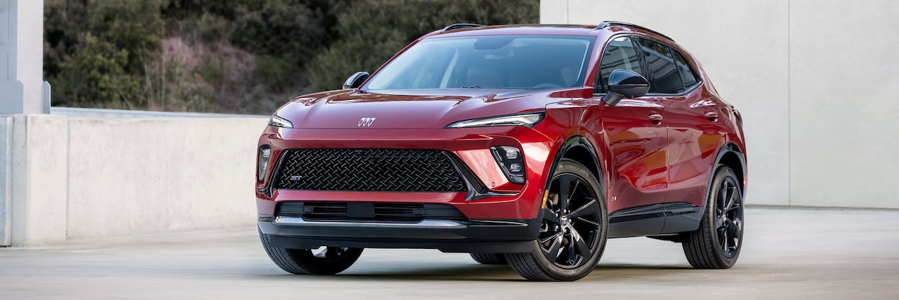 Front View of a Red Buick Compact SUV with a Distinctive Grille and Modern Headlights