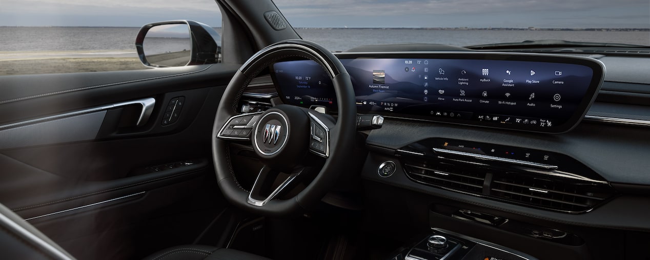 Interior View of the Steering Wheel and Infotainment Screen in the Buick Enclave