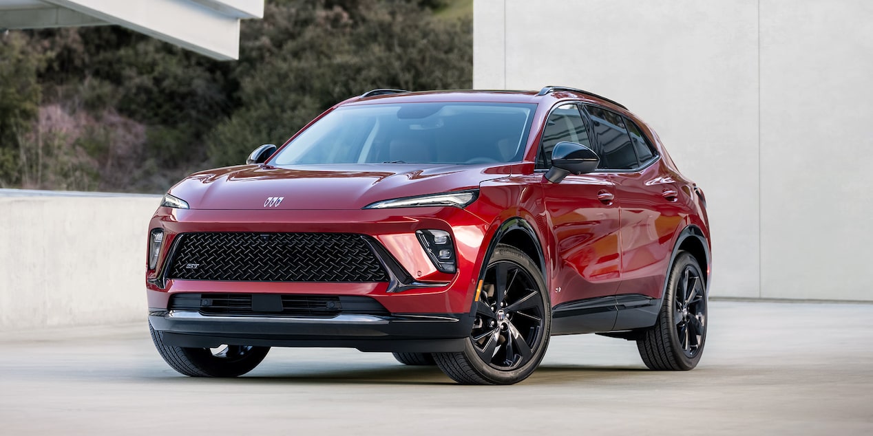 Front View of a Red Buick Compact SUV with a Distinctive Grille and Modern Headlights