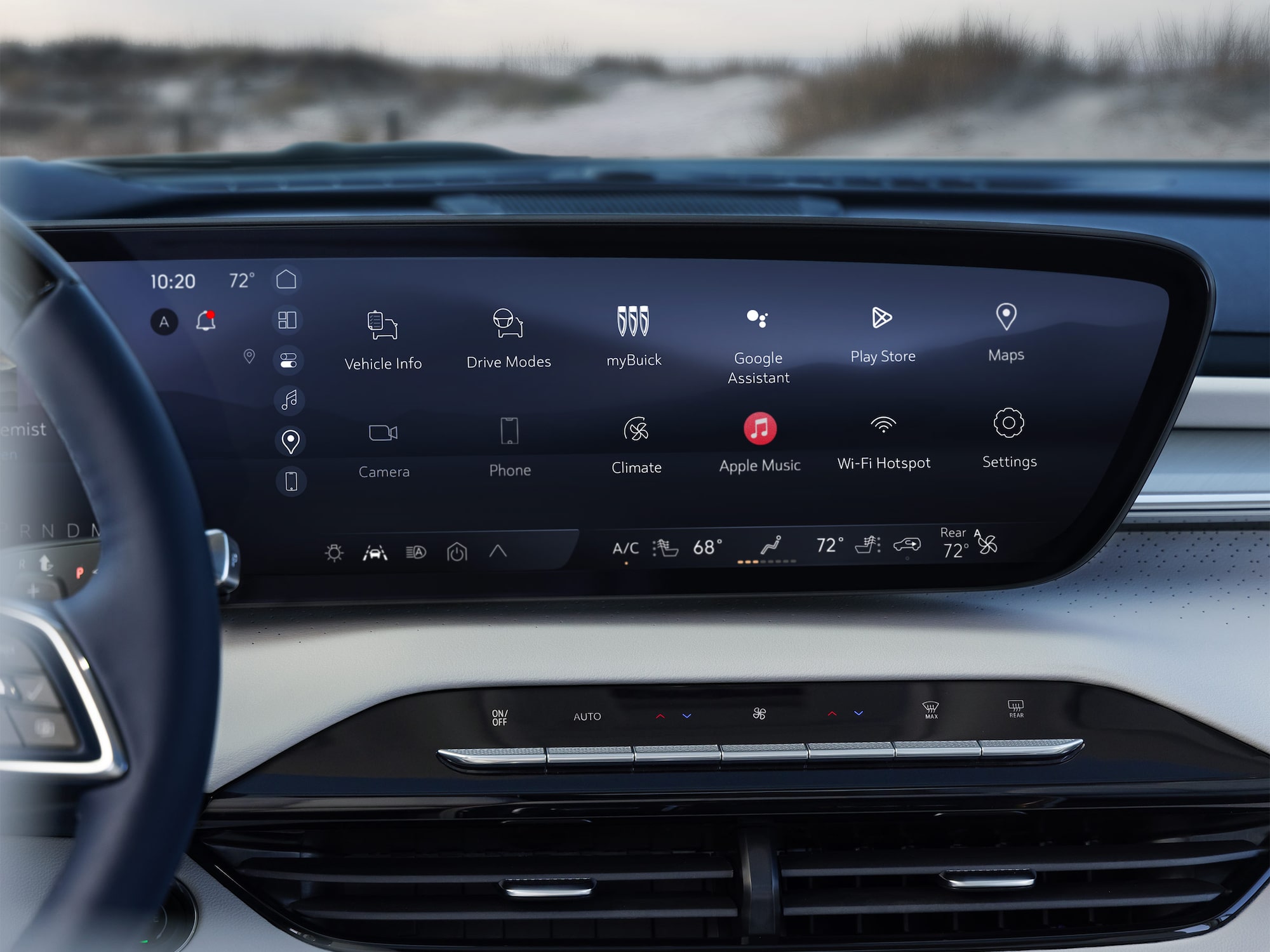 A Buick Infotainment Screen Displaying Key Apps Such as MyBuick, Google Assistant, and Apple Music with Current Time 10:20