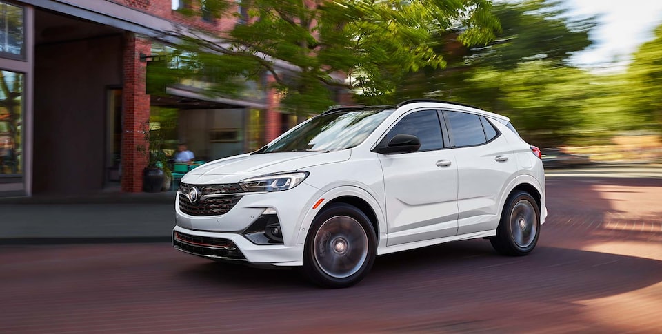 2022 Buick Encore GX: Small SUV Three-Quarter Front Drivers Side View Parked By Snow Covered Mountains
