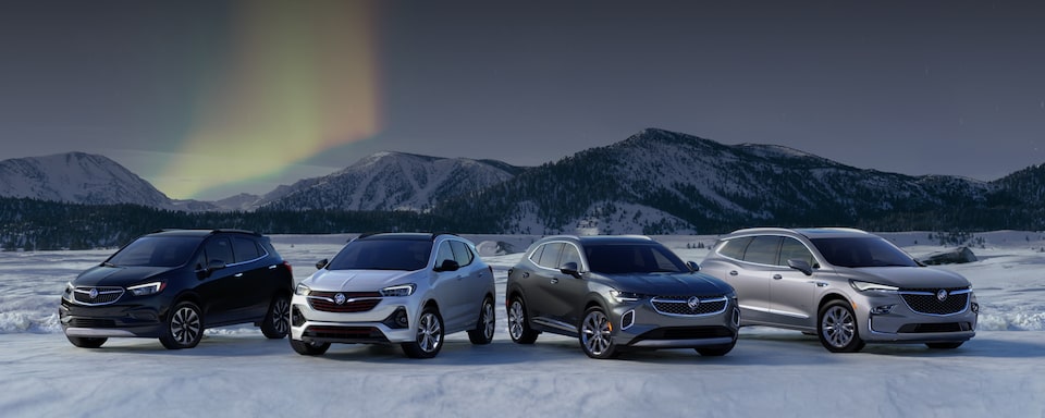 A Snowy Tundra with a Lineup of Buick Vehicles Parked on Snow