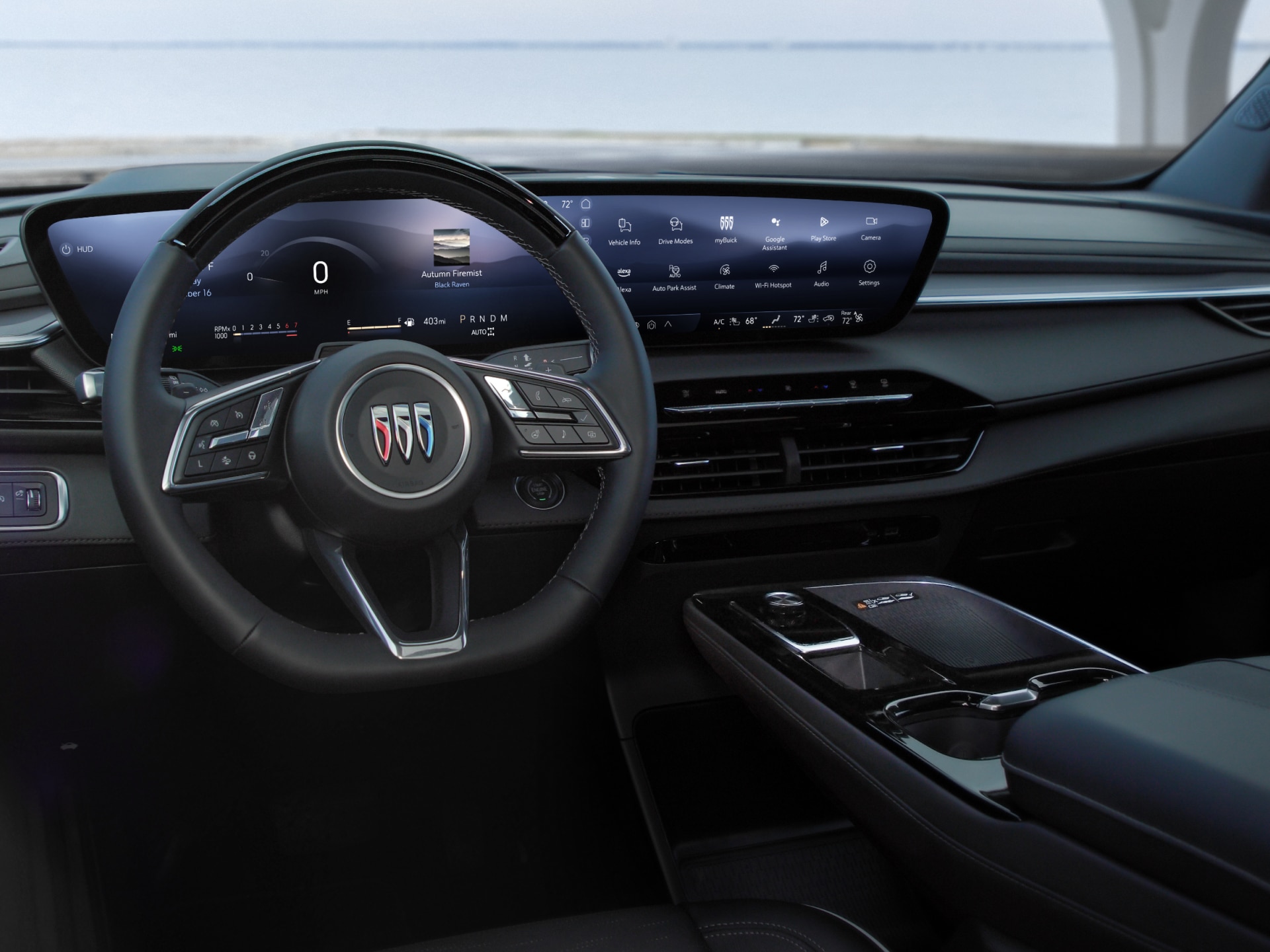 The Dashboard of a Buick Vehicle Featuring a Large Digital Display and Steering Wheel