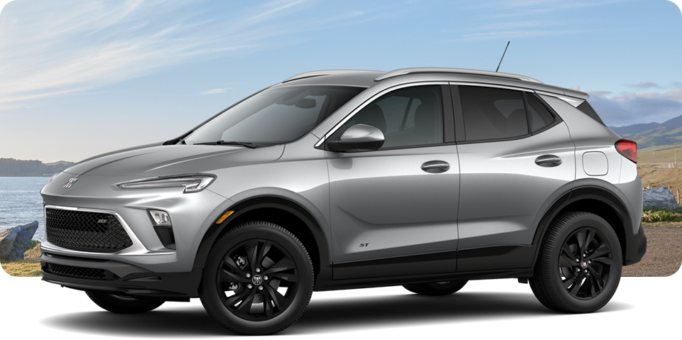 Front-Three Quarter View of a Grey Buick Encore GX ST Sporty SUV Parked Near a Beach